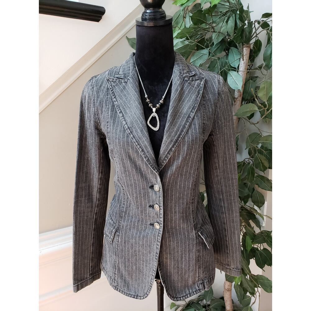 Carol's Denims Blazer Jacket Women Small Gray Striped Peak Lapel Single Breasted